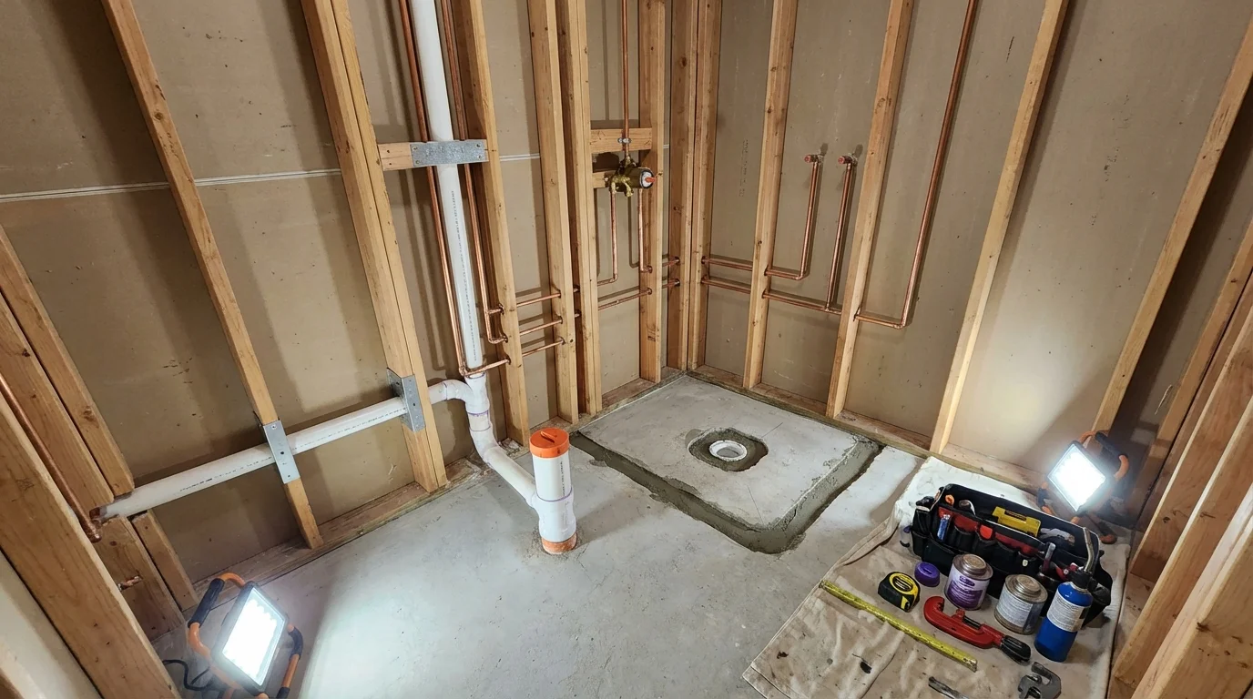 Bathroom rough-in plumbing during remodel by Johns Plumbing LLC in Prosser