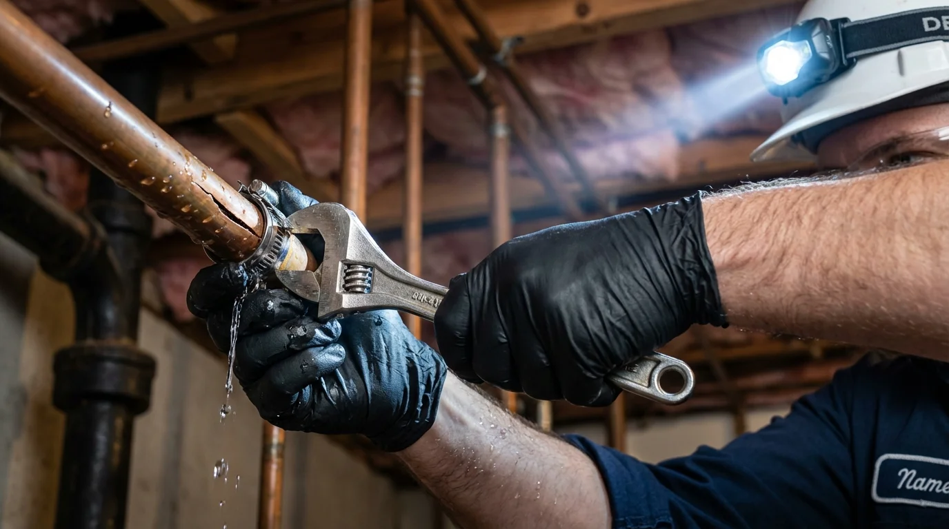 Emergency pipe clamp repair being performed by a Johns Plumbing LLC plumber in Prosser