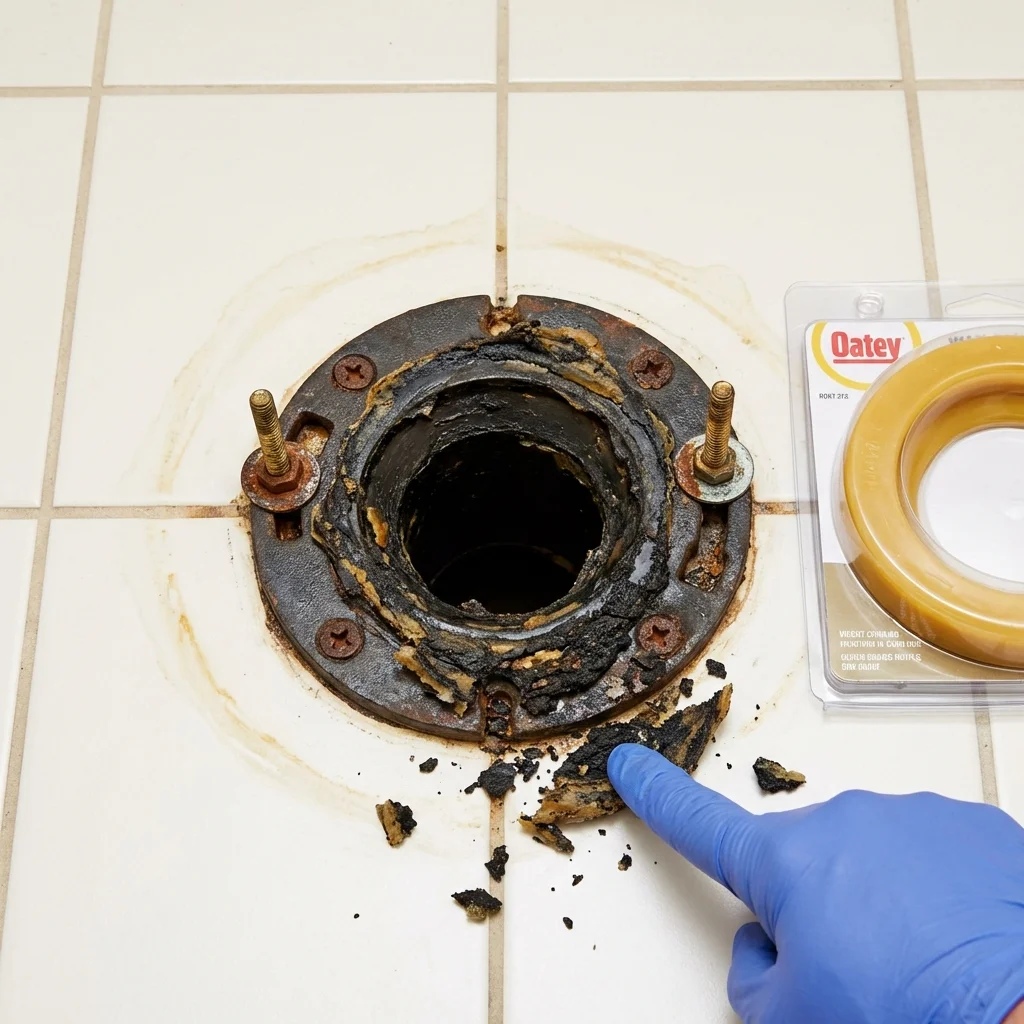 Failed wax ring showing water seepage at the base of a toilet in a Prosser, WA home